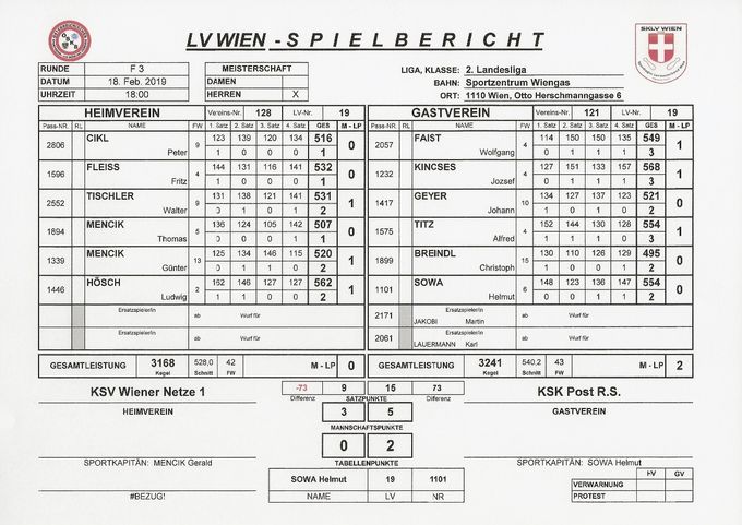 Bestleistung: HÖSCH Ludwig 562 Kegel